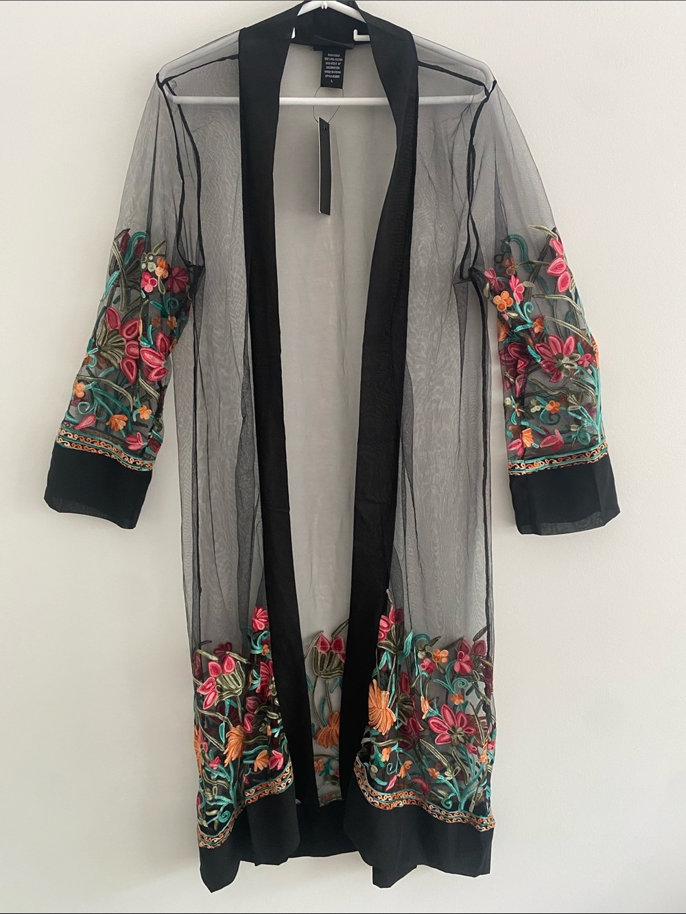 NWT Liv Los Angeles Sheer Black Floral Mesh Sheer Kimono Longline Duster LARGE - Picture 2 of 7